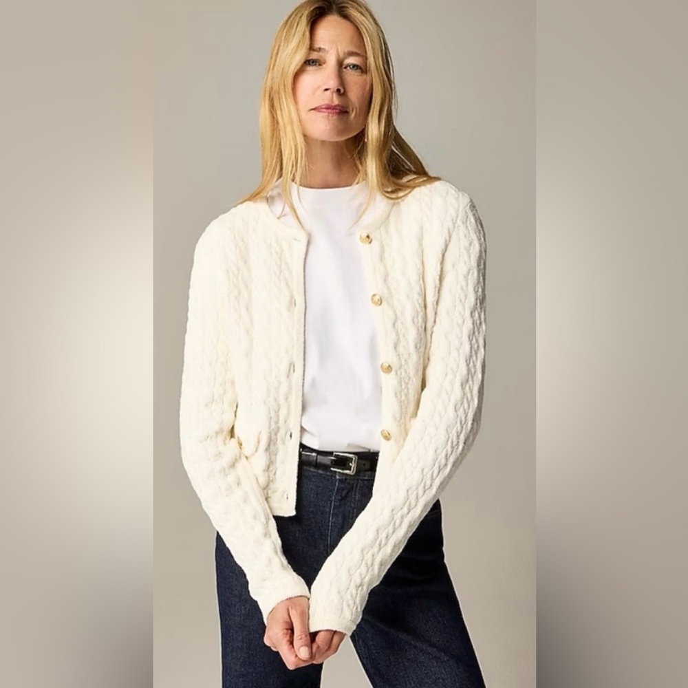 J.Crew Odette cable-knit sweater lady jacket in cotton-blend bouclé ivory